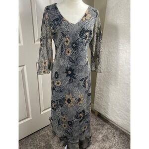 Jonathan Martin Studio Womens Sz 10 Floral Maxi‎ Dress Sheer Overlay Bell Sleeve